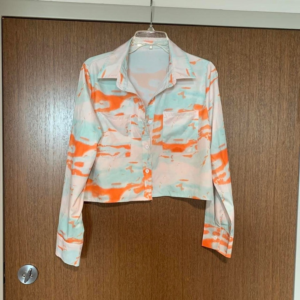 Orange and light blue abstract crop button up shirt see DESC Size S/M